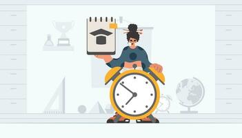 Energetic lady with one of a kind and caution clock, learning subject. Trendy style, Vector Illustration