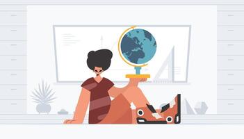 The person is holding a colossal globe, the subject of learning. Trendy style, Vector Illustration