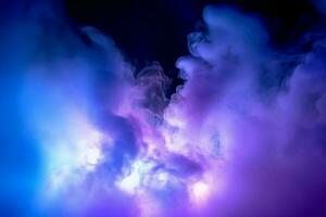 Serene darkness enveloped by purple and blue searchlights amidst smoke. AI Generated photo