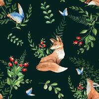 Seamless watercolor pattern with mother and baby fox, green leaves and red berries, fern, branches, blue butterfly on black background. Botanical summer hand drawn illustration. vector