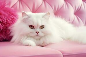 blanco gato rosado sofá. generar ai foto