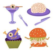 Set of dishes for Halloween, weird food. Scary Halloween food of monster eyes, brains, worms. Flat vector illustration.