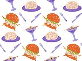 Seamless pattern of dishes for Halloween, weird food. Scary Halloween food of monster eyes, brains, worms. Flat vector illustration.