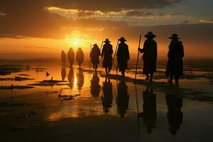 inválidos con bastones hacer su camino hacia el atardecer, ejemplificando su fortaleza ai generado foto