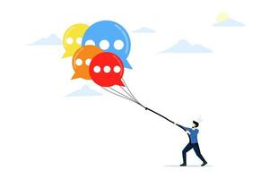 concept of communication management, PR public relations, handling public comments or social criticism, meeting summary or discussion talk, conversation, businessman managing speech bubble balloon. vector