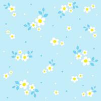 Cute Doodle White Daisy Chamomile Flower Element with Leaves Floral Ditsy Leaf Polkadot Dot Confetti. Abstract Organic Shape Hand Drawn Hand Drawing Cartoon. Color Seamless Pattern Blue Background. vector