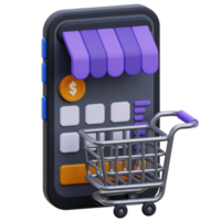online marketplace 3d icon. online shop 3d render. Online shopping on mobile 3d render. Shopping online in smartphone application png