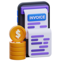 Vibrant digital invoice 3D icon showcasing financial technology concept on mobile phone, adorned with dollar coin and receipt for dynamic finance illustration png