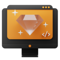 monitor with diamond 3d icon render. web diamond 3d icon rendering illustration in black and orange color. png