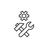 Gear by Hammer and Wrench Isolated Line Icon. Perfect for web sites, apps, UI, internet, shops, stores. Simple image drawn with black thin line vector