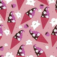 Halloween seamless pattern with cartoon spooky ice cream, ghost, and halloween element. cute halloween wallpaper for holiday theme, gift wrap paper vector