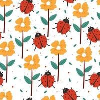 seamless pattern cartoon ladybug with flower and leaves vector