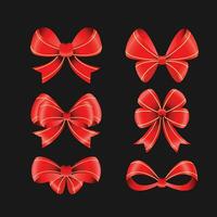 Realistic bow set. Red silk ribbons with bows festive decor satin rose, luxury elements for holiday packaging and design, elegant gift tape 3d vector decor set on white background