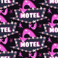 The pattern is a motel sign with a pink arrow at night. A glowing sign on a dark background with glare from electric bulbs. Repeating seamless background with directions vector
