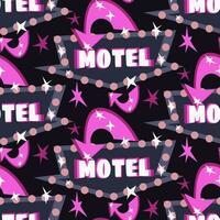 The pattern is a motel sign with a pink arrow at night. A glowing sign on a dark background with glare from electric bulbs. Repeating seamless background with directions vector