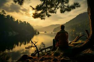 abrazando noruego mañanas calma, hombre en hamaca admira lago ver Entre pinos ai generado foto