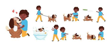 Collection of a boy and dog spending time together. Family, pet, animal care concept, love vector