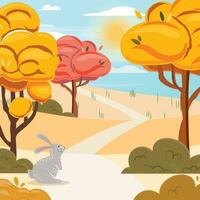 Beautiful autumn illustration with trees and bunny. Nature landscape vector illustration