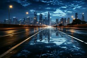 Nocturnal journey Side view asphalt road under city lights in the night AI Generated photo