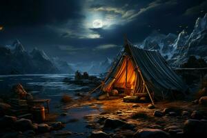 Nighttime haven Tent provides shelter as darkness blankets the sleeping world AI Generated photo