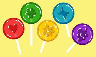 A collection of flat multi-colored lollipops with different patterns. Lollipop with drawings of a star, a flower, a shamrock, a heart, grapes. Sweet candies rich in sugar on a light. Transparent vector