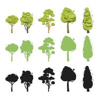 Green trees in different shape and the silhouette in green and black. For any project design. Vector cartoon illustration.