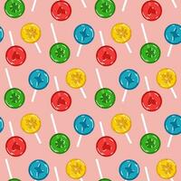 Seamless lollipop pattern on a candy stick, hand-drawn vector illustration with flat colored candies. Sweets with different images and flavors Lemon, cherry, apple, blueberry on pink background