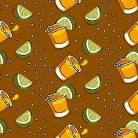 A pattern from a shot of tequila with lime and salt. Color seamless vector pattern of tequila glasses on a brown background. Abstract, cartoon image with an alcoholic drink printing on textiles, paper