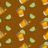 A pattern from a shot of tequila with lime and salt. Color seamless vector pattern of tequila glasses on a brown background. Abstract, cartoon image with an alcoholic drink printing on textiles, paper