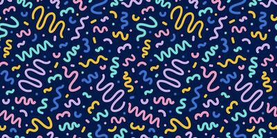 Colorful seamless pattern of the 80s 90s with geometric figures and doodles. Vector childrens background in Memphis style