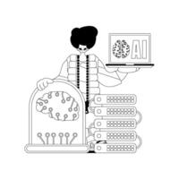 A black and white drawing of a man holding a laptop and a computer vector