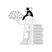 Girl and AI server depicted with linear art, hinting at artificial intelligence theme vector
