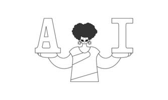 Girl holds AI letters, AI theme in vector linear style