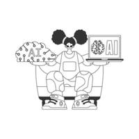 A black and white drawing of a woman sitting on a couch with a laptop vector