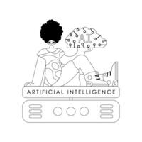 AI guy and server illustrated in linear style with AI theme vector
