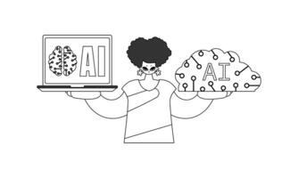A black and white illustration of a woman holding a laptop and a brain vector
