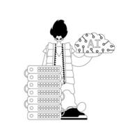 linear style AI guy and server with an artificial intelligence theme vector