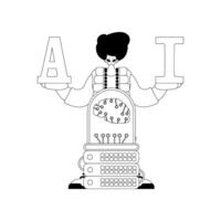 An AI man and server shown in a linear design, with an AI theme vector