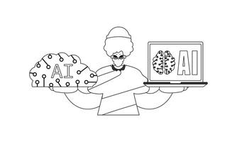 A black and white drawing of a person holding a laptop and a brain vector