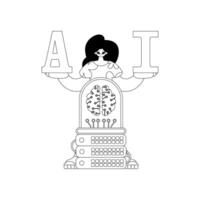 Girl and AI Server depicted in linear style around an artificial intelligence theme vector