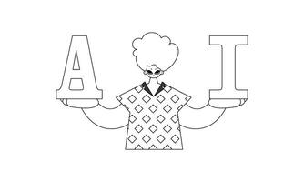 He holds letters AI, symbolizing Artificial Intelligence, in a linear vector illustration