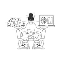 A woman sitting on a chair with a laptop and a brain vector