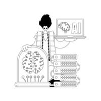 A black and white drawing of a man holding a laptop and a computer vector