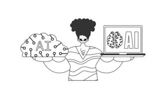 A black and white illustration of a woman holding a laptop and a brain vector