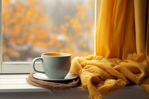 Yellow mug hot drink scarf window. Generate Ai photo