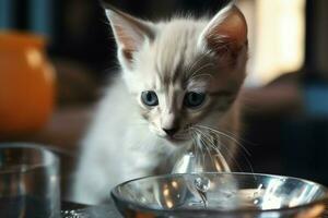 Kitten drinking water. Generate Ai photo