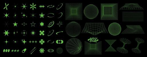 Wireframe retro futuristic geometric elements shapes big collection set. Y2k elements for design vector