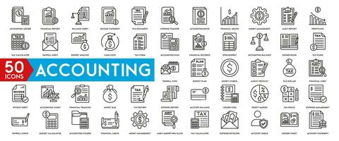 Accounting icon set. Containing financial statement, accountant, financial audit, invoice, tax calculator, business firm, tax return, income and balance sheet icons. vector
