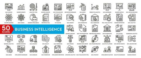 Business Intelligence icon vector line  set. Contains linear outline icons like Data Visualization, Data Management and Analysis, Analytic Service, Risk Management, Strategy.