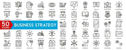 Business strategy set of web icons in line style. Business solutions icons for web and mobile app. Action List, research, solution, team, marketing, startup, advertising, business process, management vector